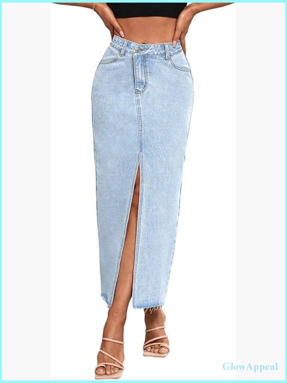 High Waist Stretch Maxi Denim Skirt Front Split Frayed Hem A-Line Long Jean